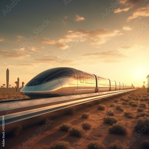 Concept of magnetic levitation train moving on the railway across desert. Futuristic transport