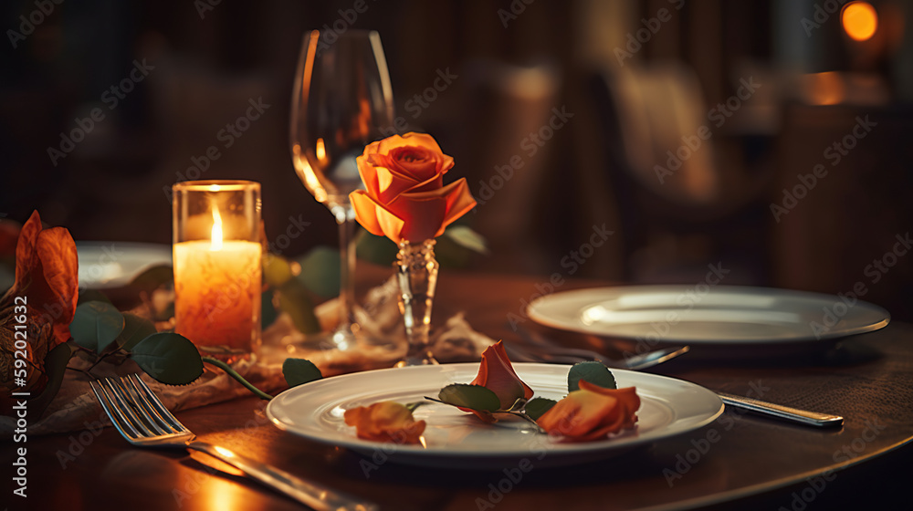 Romantic dinner place setting with plates and cutlery on table. Generative AI Romantic dinner place setting with plates and cutlery on table. Generative AI