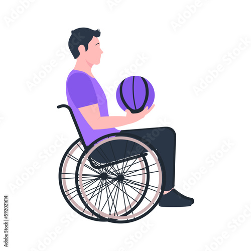 A young man in a wheelchair playing with a ball. Flat style. Basketball. 