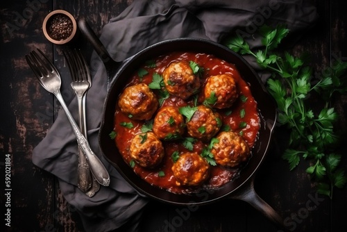  a pan filled with meatballs covered in sauce and garnished with parsley next to a fork and spoon on a dark surface.  generative ai