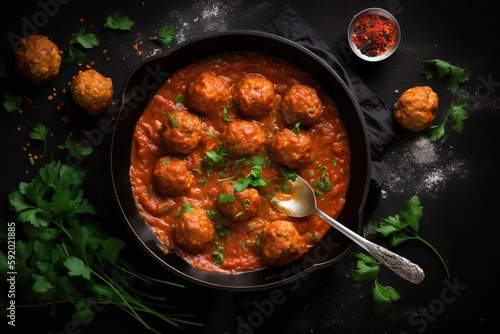  a bowl of meatballs with a spoon in it and garnished with parsley on a black surface with parsley on the side. generative ai