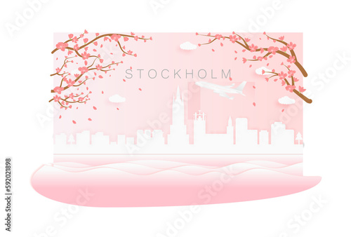 Panorama travel postcard, poster, tour advertising of world famous landmarks of Stockholm, spring season with blooming flowers in tree in paper cut style icon illustration on transparent background photo