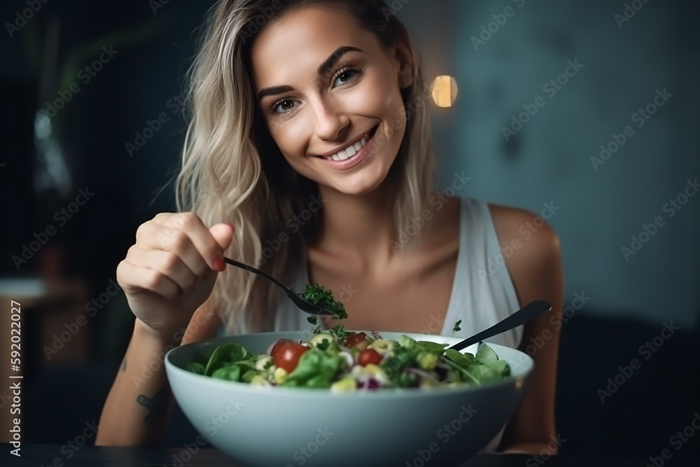 A young beautiful vegan woman eating healthy green salad. Concept of vegetarianism, healthy eating and wellness. Generative AI