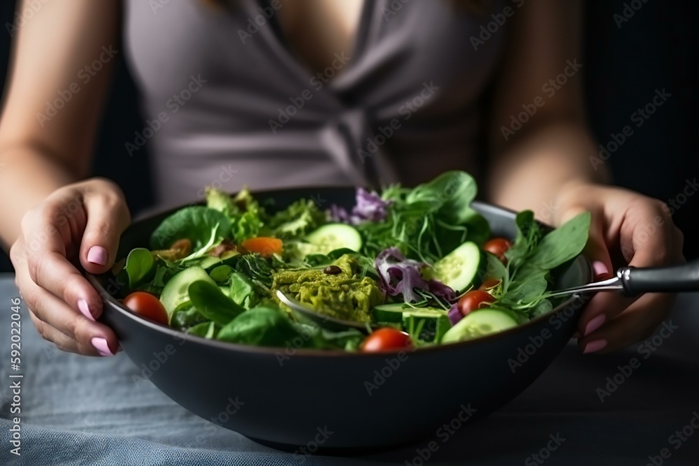 A young beautiful vegan woman eating healthy green salad. Concept of vegetarianism, healthy eating and wellness. Generative AI A young beautiful vegan woman eating healthy green salad. Concept of vegetarianism, healthy eating and wellness. Generative AI