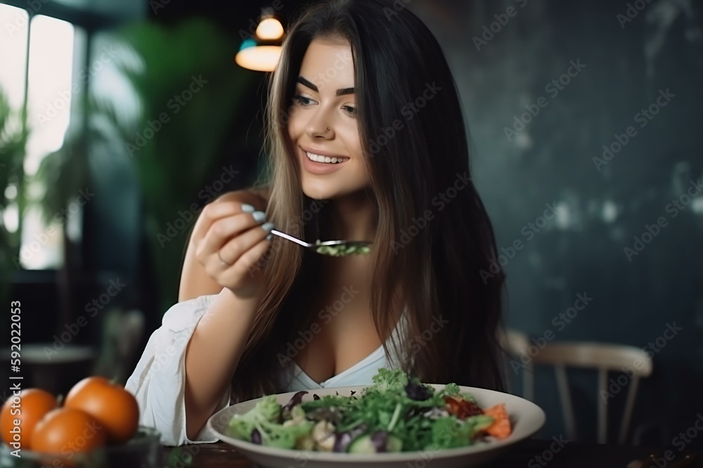 A young beautiful vegan woman eating healthy green salad. Concept of vegetarianism, healthy eating and wellness. Generative AI