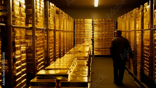 Fotografering Gold reserve bank, international gold bank, gold bullion, generated with AI generative technology