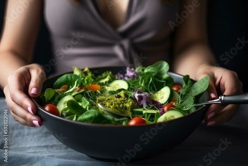 A young beautiful vegan woman eating healthy green salad. Concept of vegetarianism, healthy eating and wellness. Generative AI © Snapshooter