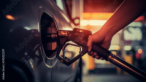 Person putting gasoline in his vehicle, car fuel generated with generative AI technology. photo