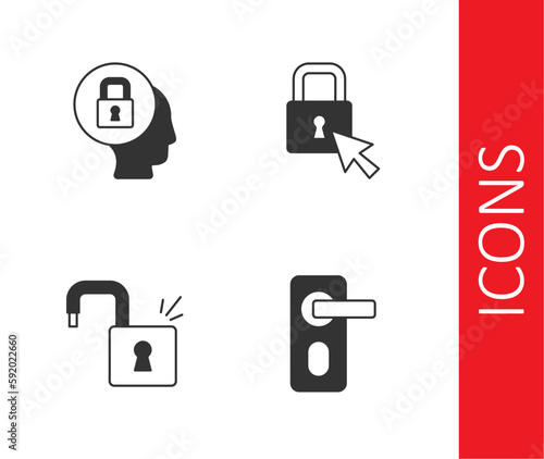 Set Fingerprint door lock, Lock, Open padlock and icon. Vector
