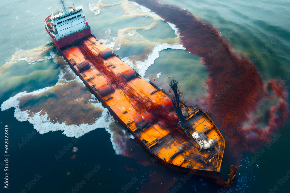 Disaster of oil carrying tanker, fuel oil, oil products. A hole in the