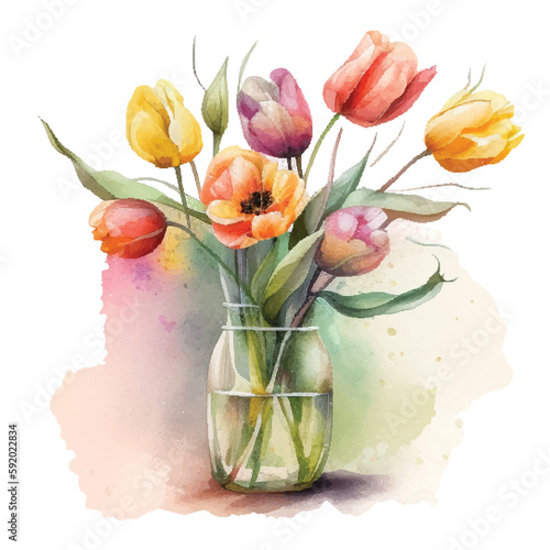 Colorful watercolor Tulips bouquet in a glass vase on a white background.