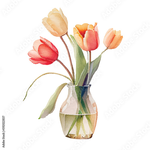 Colorful watercolor Tulips bouquet in a glass vase on a white background.