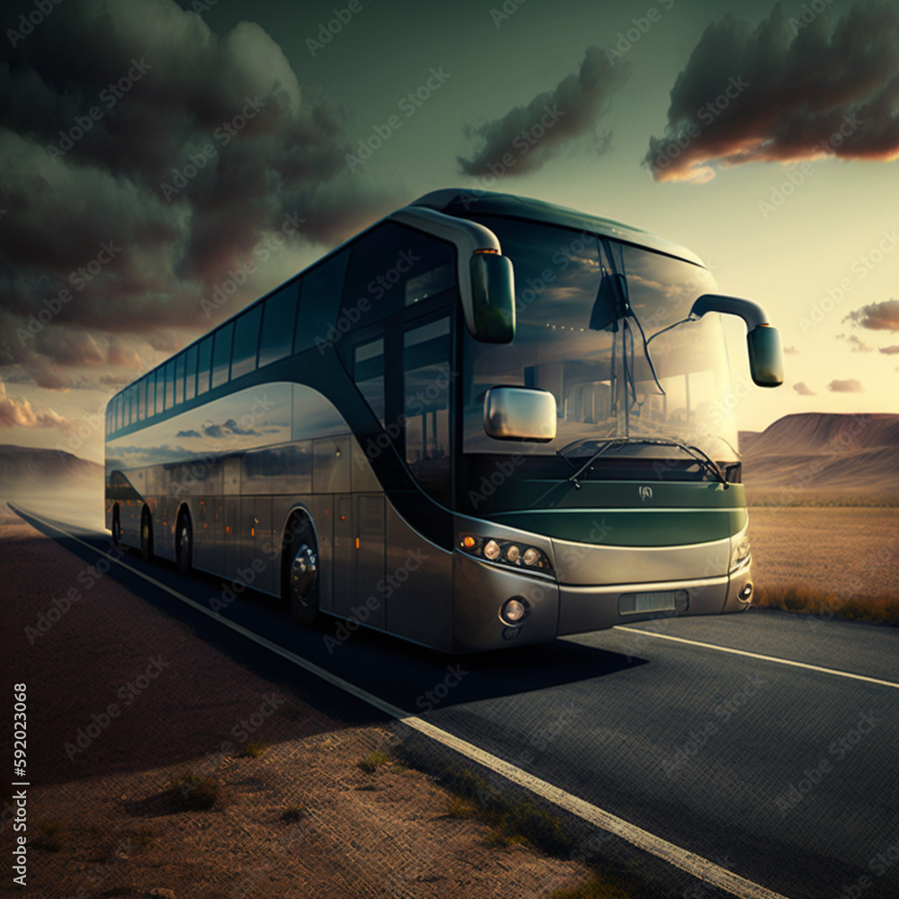 Passenger bus on the road. Generative AI.