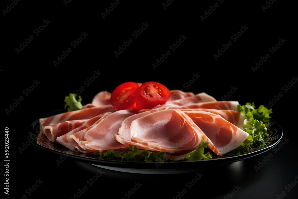  a plate of meat and lettuce with a cherry tomato on top of the plate on a black tablecloth with a black background.  generative ai
