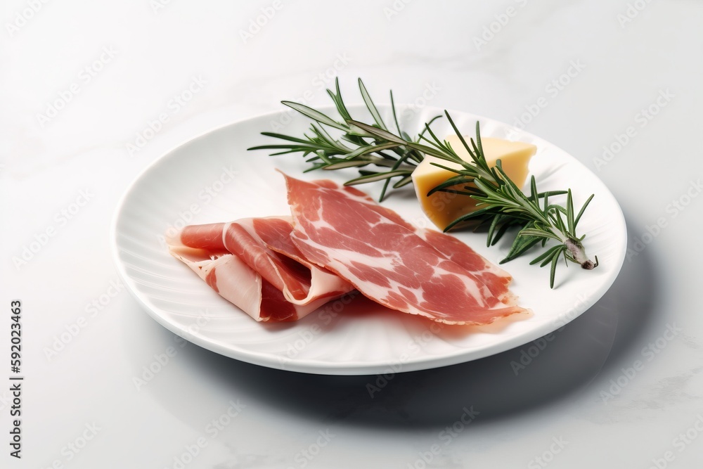  a white plate topped with slices of meat next to a slice of cheese and a sprig of rosemary on top of a white table.  generative ai