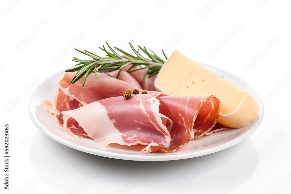 a plate of meat and cheese with a piece of cheese on top of the plate and a block of cheese on the side on the plate. generative ai a plate of meat and cheese with a piece of cheese on top of the plate and a block of cheese on the side on the plate. generative ai