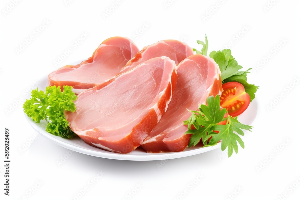  a white plate topped with sliced ham and veggies next to tomatoes and parsley on a white surface with a white background and a white background.  generative ai