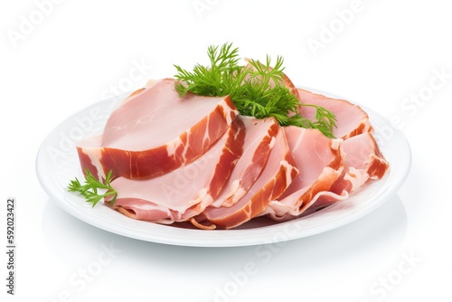  a white plate topped with sliced ham on top of a white tablecloth with a green sprig of parsley on top of it. generative ai