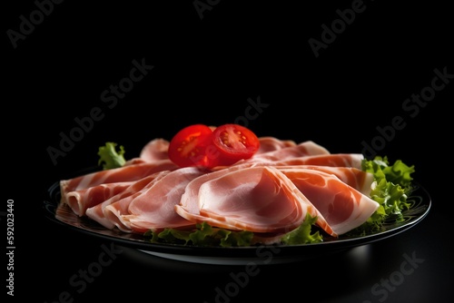  a plate of meat and lettuce with a cherry tomato on top of the plate on a black tablecloth with a black background. generative ai