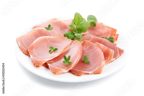  a white plate topped with slices of meat and green leafy garnishes on top of it, on a white surface with a white background. generative ai