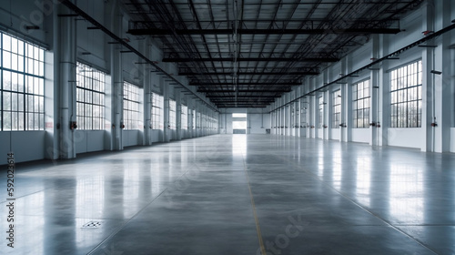 Empty warehouse for storage and distribution centers. Generative AI.