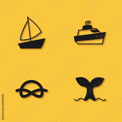 Set Yacht sailboat, Whale tail, Nautical rope knots and Speedboat icon with long shadow. Vector