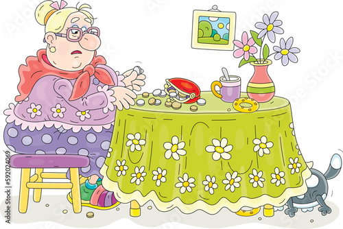 Sad granny sitting at her kitchen table and counting last coins left from monthly pension payment, vector cartoon illustration isolated on a white background