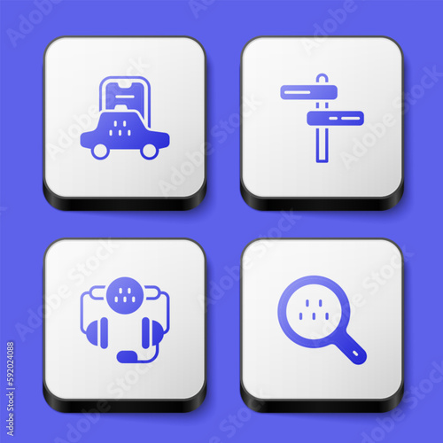 Set Taxi mobile app, Road traffic sign, call telephone service and Search taxi icon. White square button. Vector