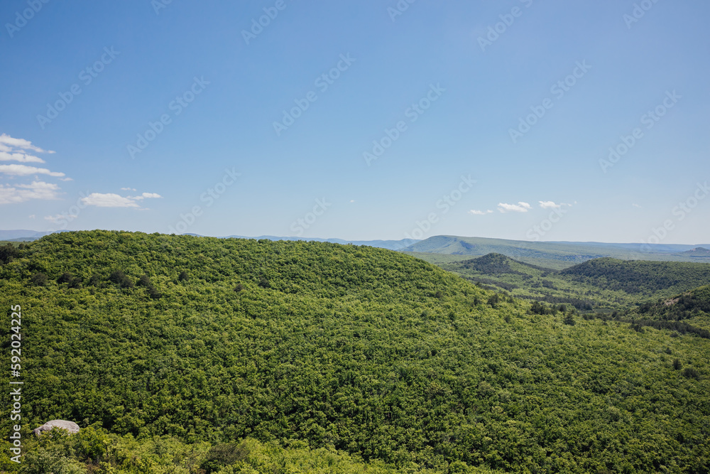 blue sky beautiful nature green forest mountains hiking journey