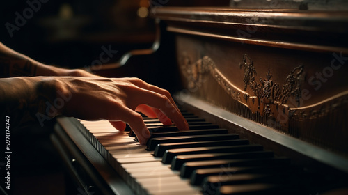 Melodic Touch: Close-Up of a Male Pianist's Fingers Gracefully Dancing Across Piano Keys