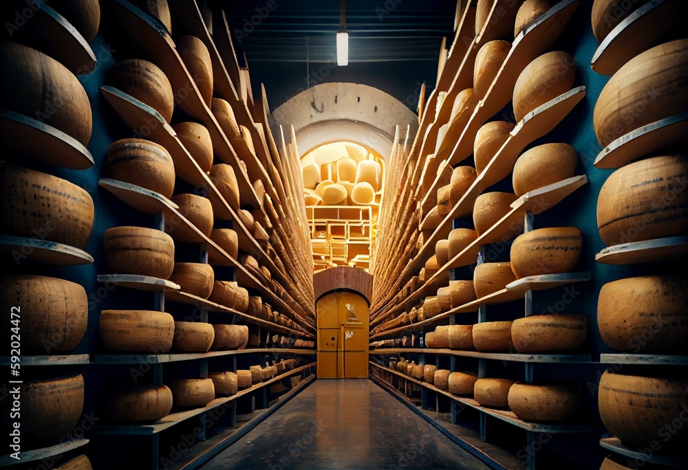 Ilustrace „Picturesque Swiss cheese factory where thousands of wheels