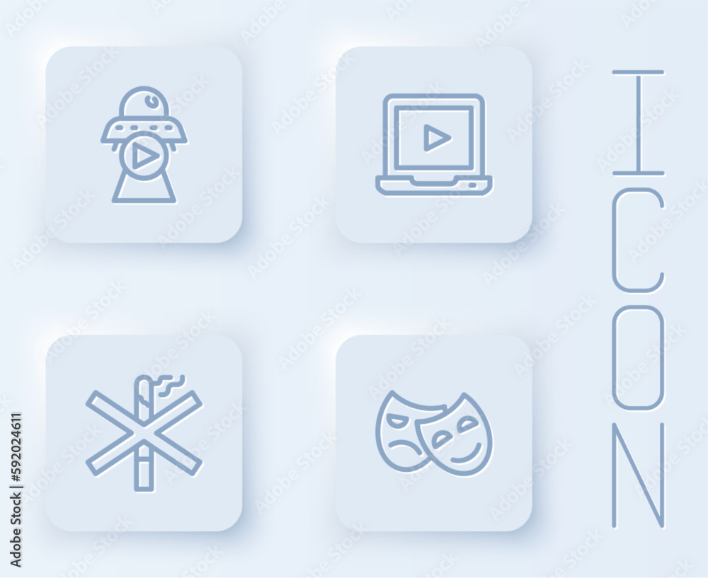 Set line Science fiction, Online play video, No smoking and Comedy and tragedy masks. White square button. Vector Set line Science fiction, Online play video, No smoking and Comedy and tragedy masks. White square button. Vector