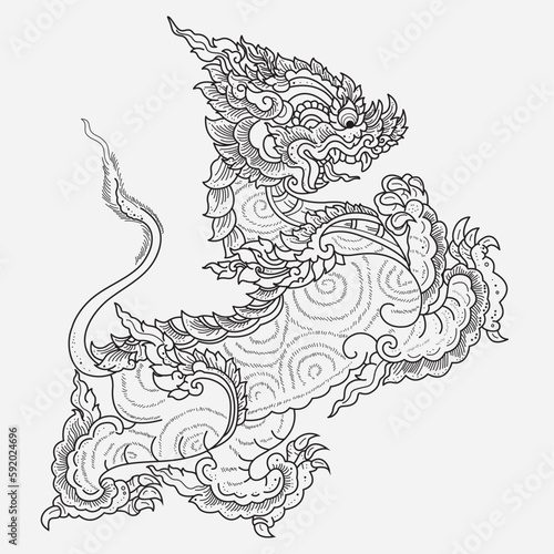 thai dragon on a white background hand drawn doodle . illustration of Doodle cute for design elements