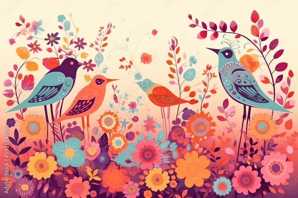 Colorful spring background with flowers and birds. Generative AI