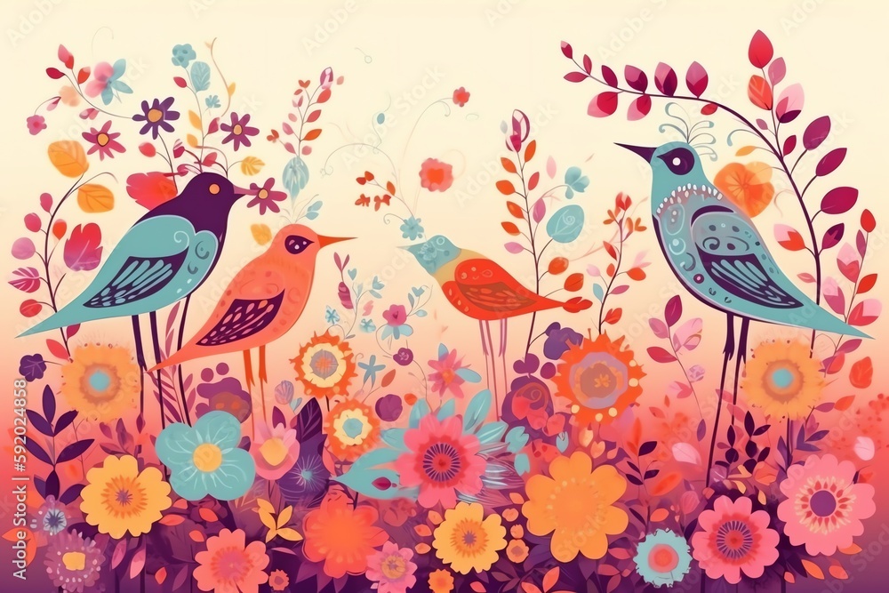 Fototapeta premium Colorful spring background with flowers and birds. Generative AI