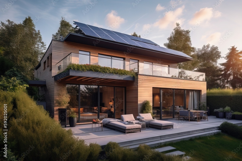  a house with a solar panel on the roof and a deck with lounge chairs and a couch on the ground in front of it and a grassy area with trees and bushes.  generative ai