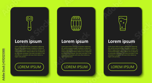 Set line Bottle opener, Wooden barrel and Glass of beer. Business infographic template. Vector