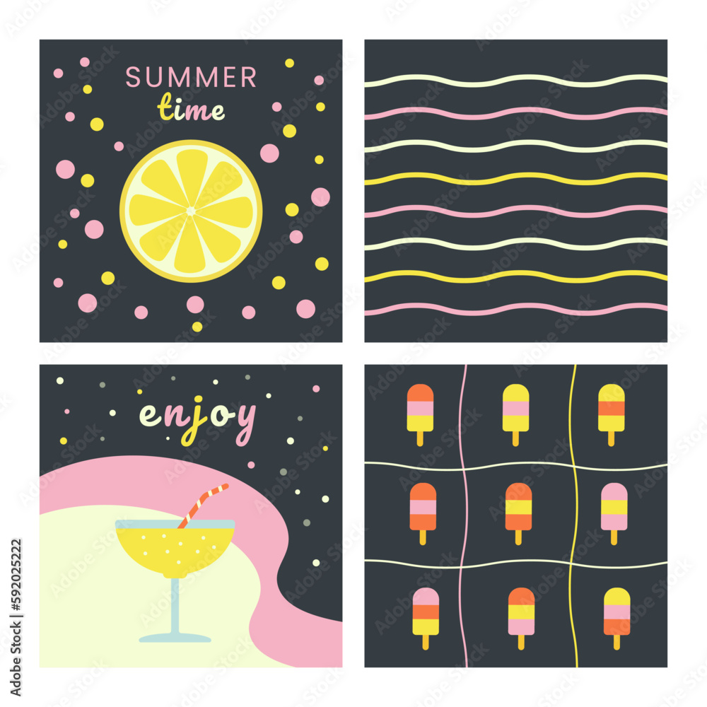 Vector illustration of a set of stylish summer posters. The text Summer time with lemon. Waves on a dark background. A drink with a straw and the text Enjoy. 9 ice creams.