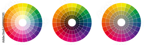 Colour palette wheel - RYB model, circle divided into 24 shades, version with different light, dark and saturation