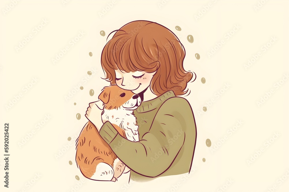 Wallpaper Illustration and background of a woman with your dog, in a moment of affection. Front View. Concept of mother of pet, love for animals. Generative AI. Wallpaper Illustration and background of a woman with your dog, in a moment of affection. Front View. Concept of mother of pet, love for animals. Generative AI.