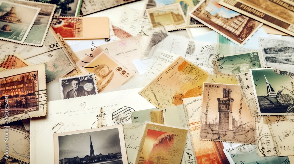 A collection of vintage postcards and stamps, with a vast space below for text, accompanied by a pastel background that transports the viewer to far - off destinations and memories. Generative ai.