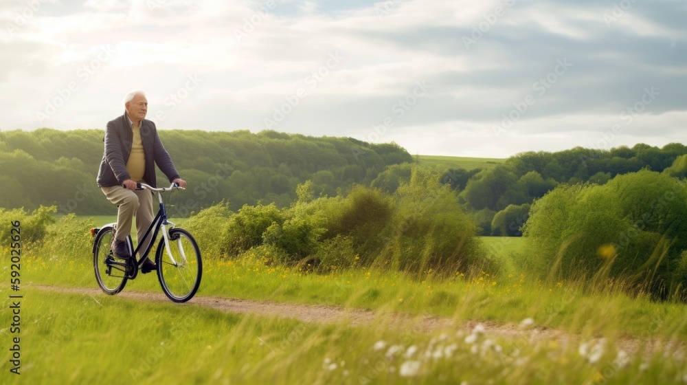 A single elderly person enjoying a leisurely bike ride in the countryside, providing a vast area below for text, accompanied by a pastel background that captures the freedom. Generative ai. A single elderly person enjoying a leisurely bike ride in the countryside, providing a vast area below for text, accompanied by a pastel background that captures the freedom. Generative ai.