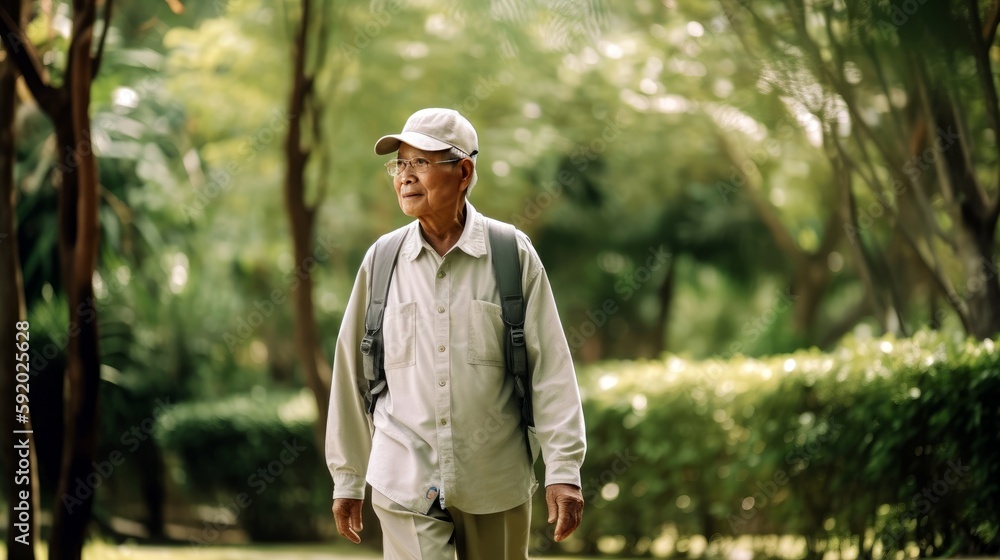 An elderly individual enjoying a leisurely walk in a serene park, providing a spacious area to the right for text, set against a pastel background that captures the benefits of staying. Generative ai.