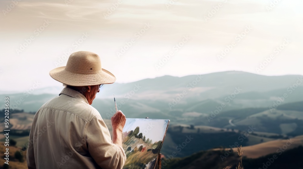 An elderly individual wearing a sun hat while painting a beautiful landscape, with a vast space below for text, set against a pastel background that emphasizes creativity and artistic. Generative ai.