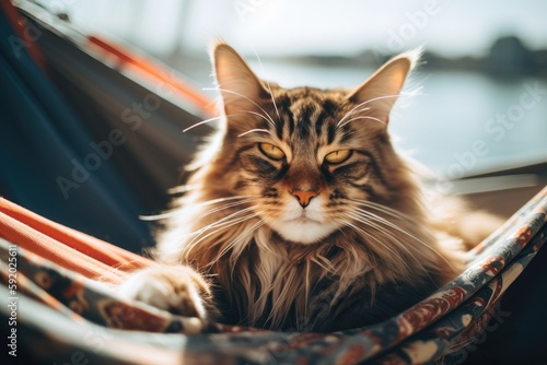 Adorable maine coon cat lying on a hammock on a beach. High quality generative ai