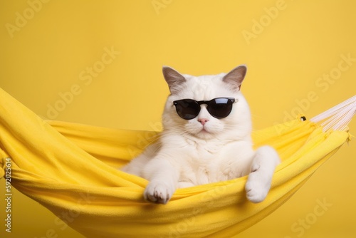 Adorable white cat wearing sunglasses poses for a portrait while laying on a fabric hammock against a sunny yellow backdrop, high quality generative ai