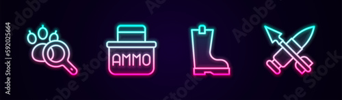 Set line Paw search, Ammunition box, Waterproof rubber boot and Crossed bullet with arrow. Glowing neon icon. Vector