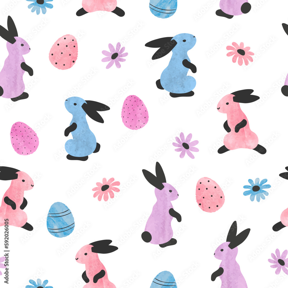 Seamless Easter pattern with cute colorful bunnies and eggs. Vector watercolor illustration