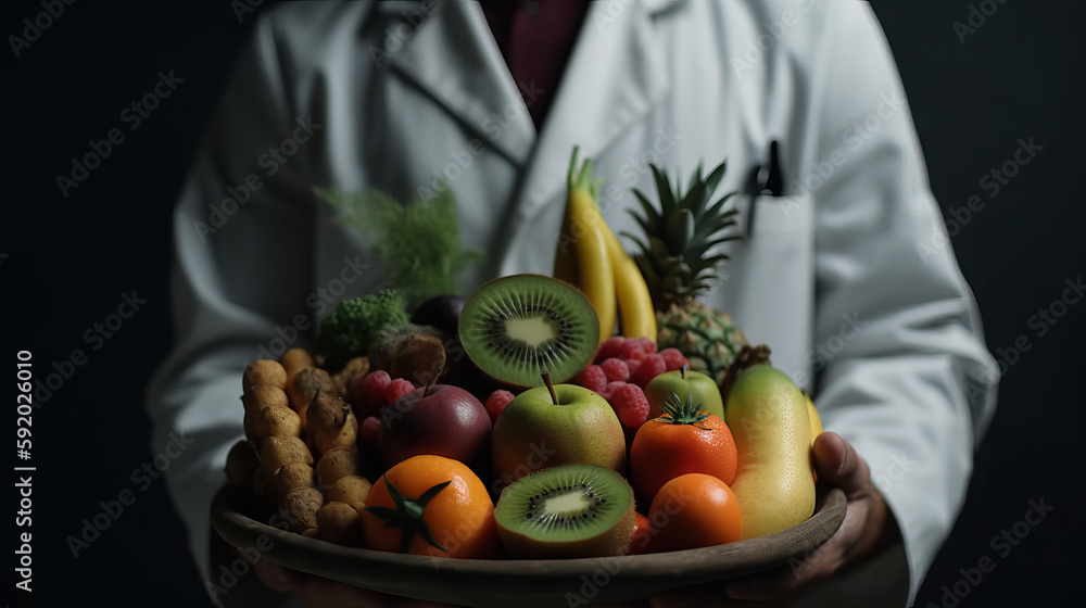 Doctor Nutritionist with Fruit in her hands. Al generated illustration Doctor Nutritionist with Fruit in her hands. Al generated illustration