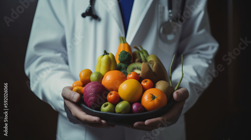 Doctor Nutritionist with Fruit in her hands. Al generated illustration photo